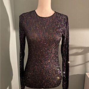 Free People Intimidately Black Iridescent Sequin Long Sleeve Top Small